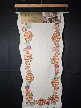 Nicole Miller Cream Table Runner with Orange Pumpkins and Multicolor Leaves